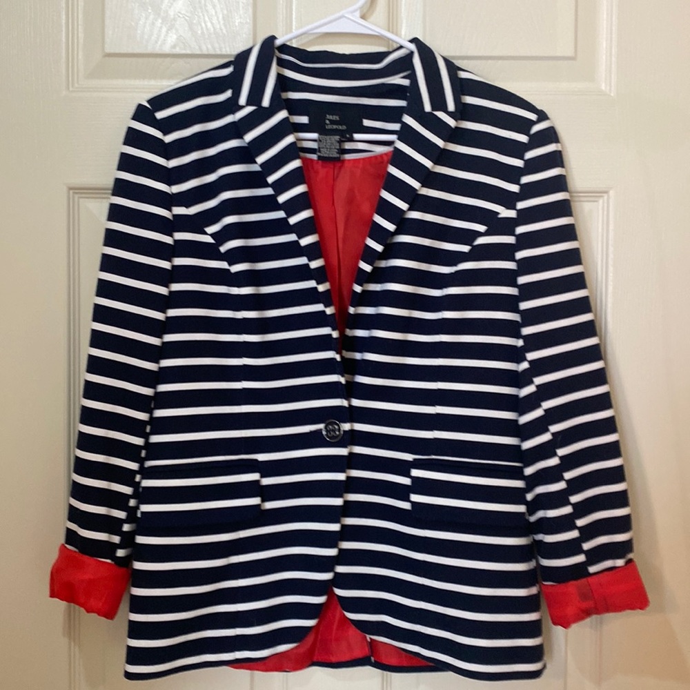 Jules and Leopoldo size 8 navy and white blazer with red lining